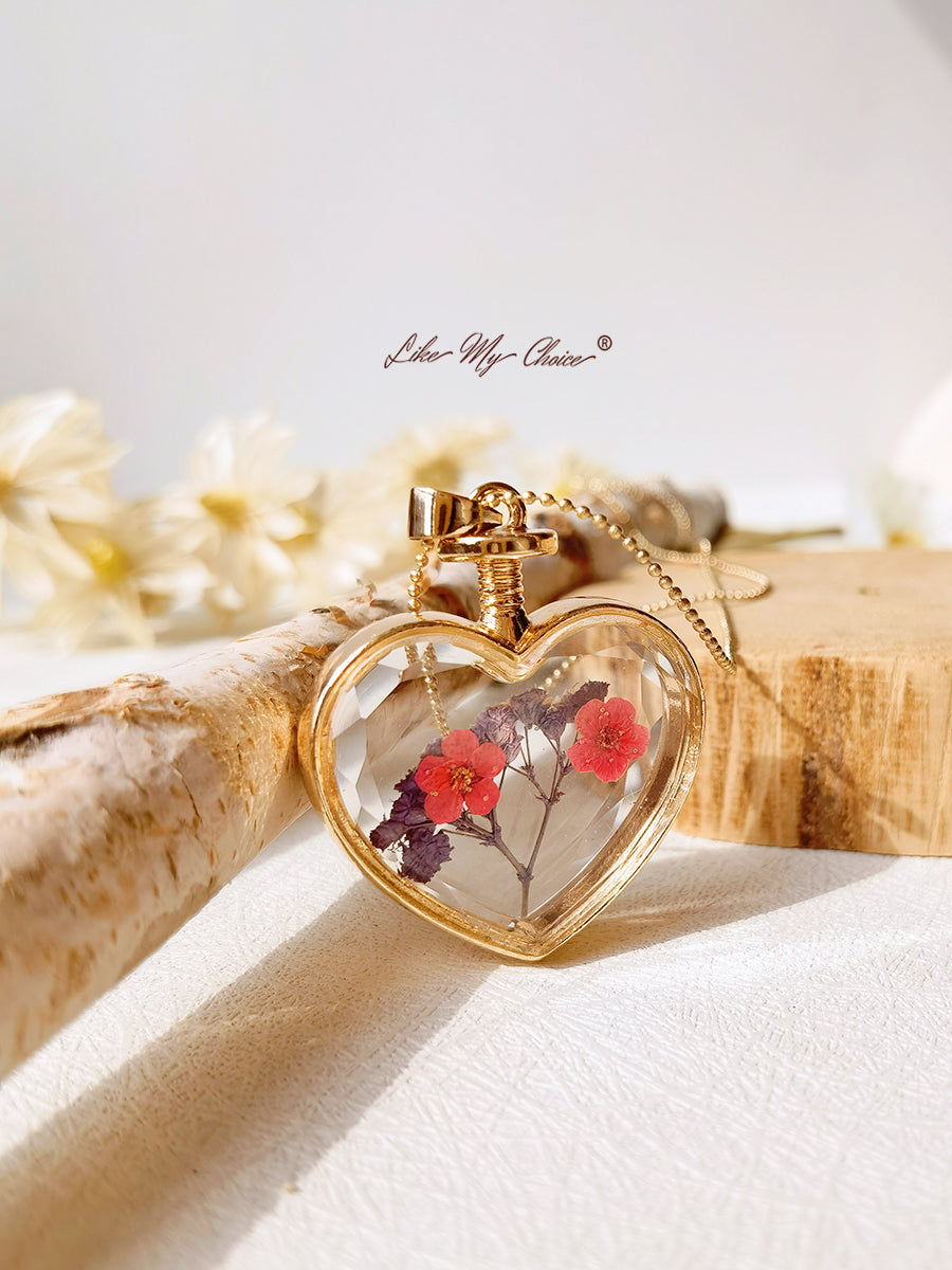 Levandulový náhrdelník Forget-Me-Not Dried Flowers Crystal Glass Heart Necklace