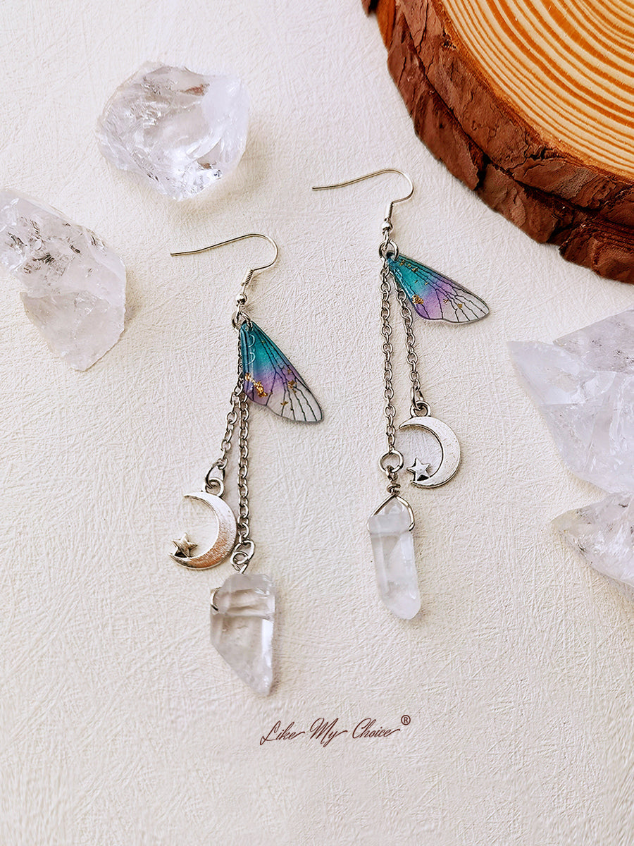 Boucles d'oreilles Boho avec pompons en cristal de lune et ailes de papillon