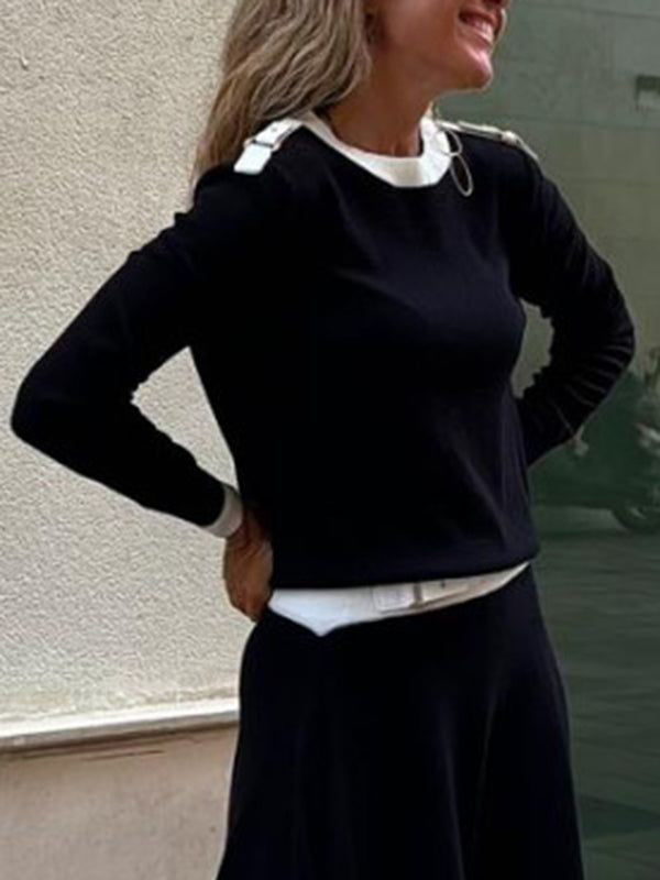 Elegant Contrast Color Round Neck Long Sleeve Sweater