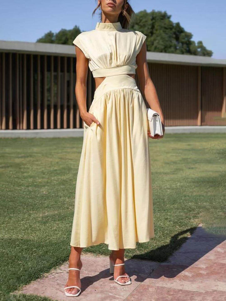 Vestido Midi de férias com bolsos na cintura e recortes