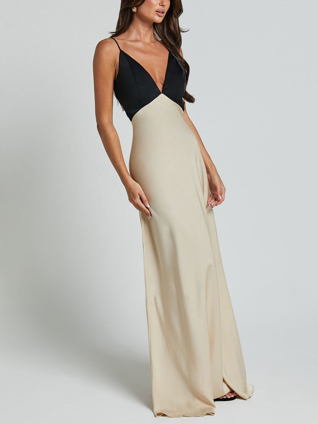 Exquisite Satin Contrast Color V-Neck Maxi Dress