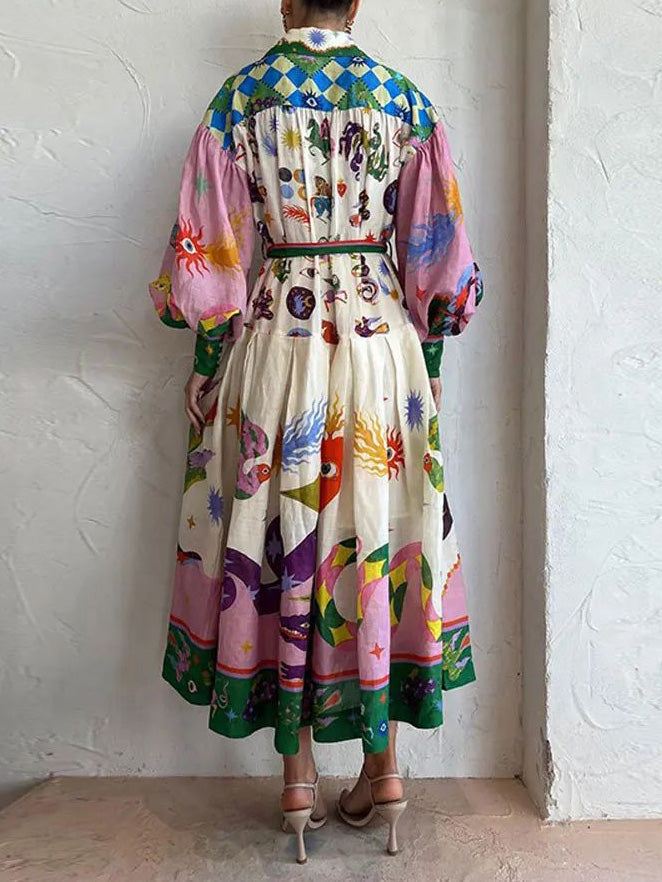 Einzigartige und schöne Retro-Druck lange Ärmel Shirt-Stil Midi Kleid