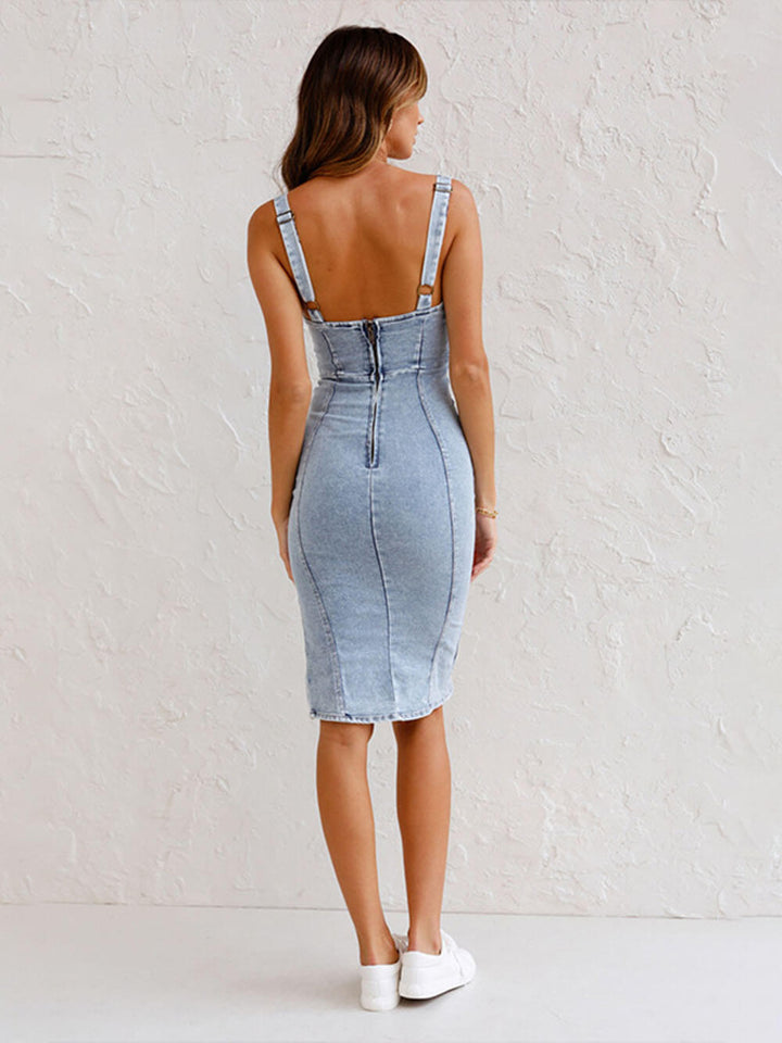 Dit seizoen nietje Denim Verstelbare Bandjes Zip-up Stevige Stretch Midi Dress