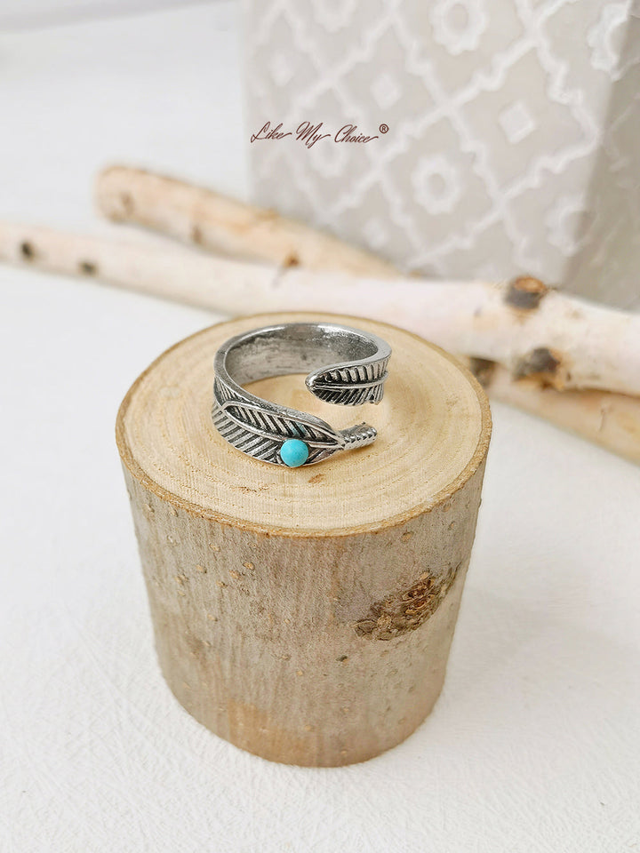 Turkoosi Band Feather Boho Silver Ring