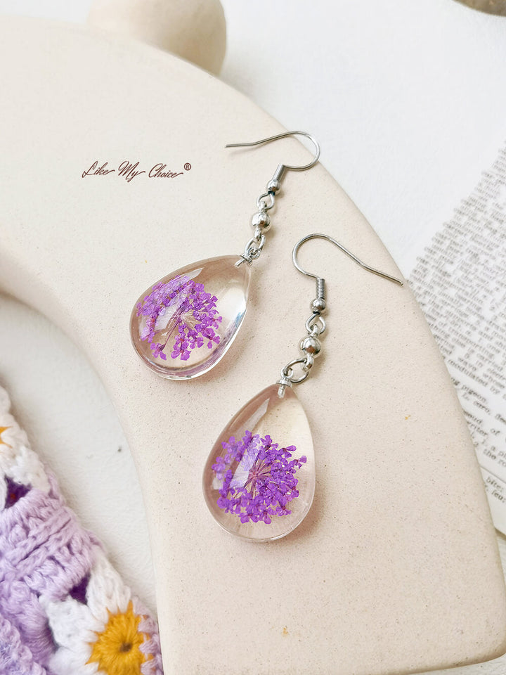 Teardrop Queen Anne Bud Dried Flower Resin Earrings