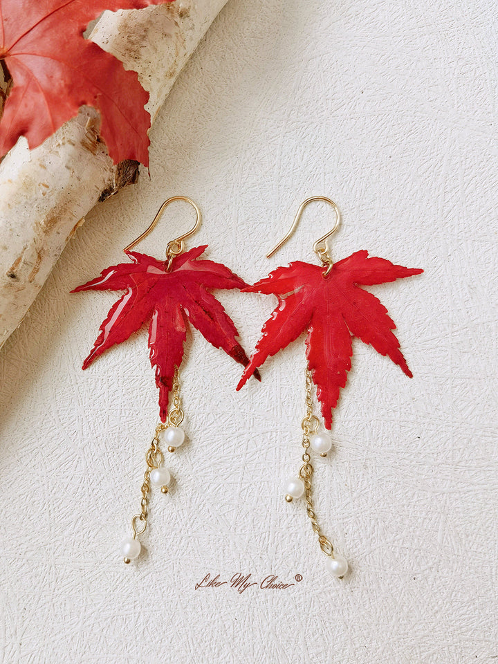 Brincos de pérolas douradas em resina Sun Catcher Maple Leaf