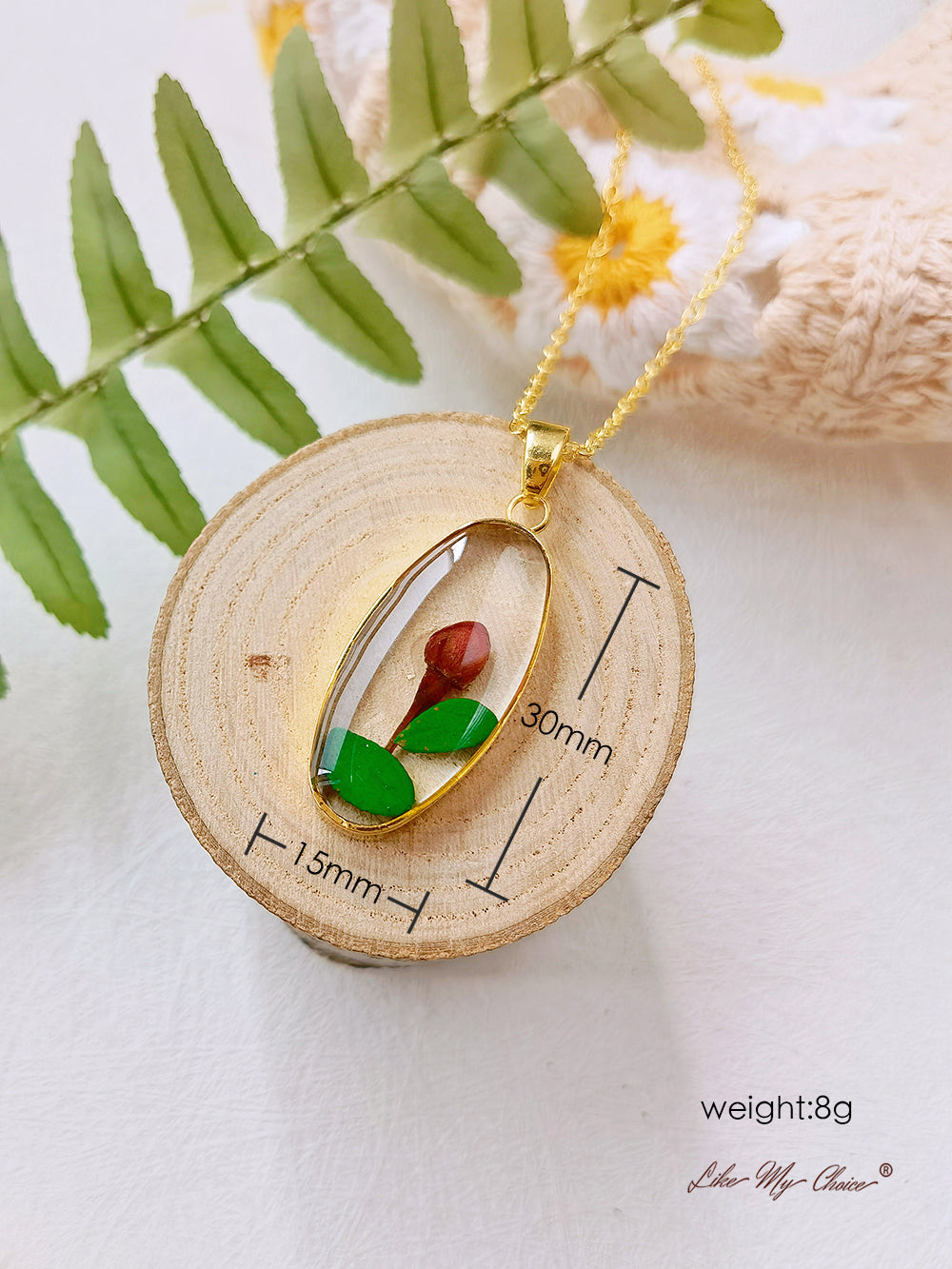 Natural Rosebud Resin Pressed Flower Botanical Pendant Oval Necklace