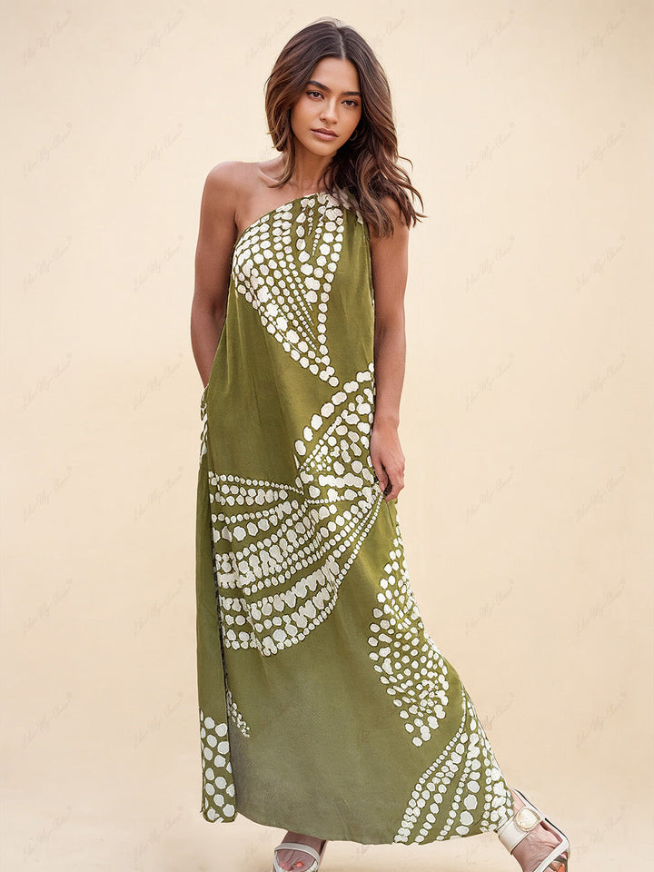 Unique Polka Dot Print One Shoulder Pocketed Maxi Dress