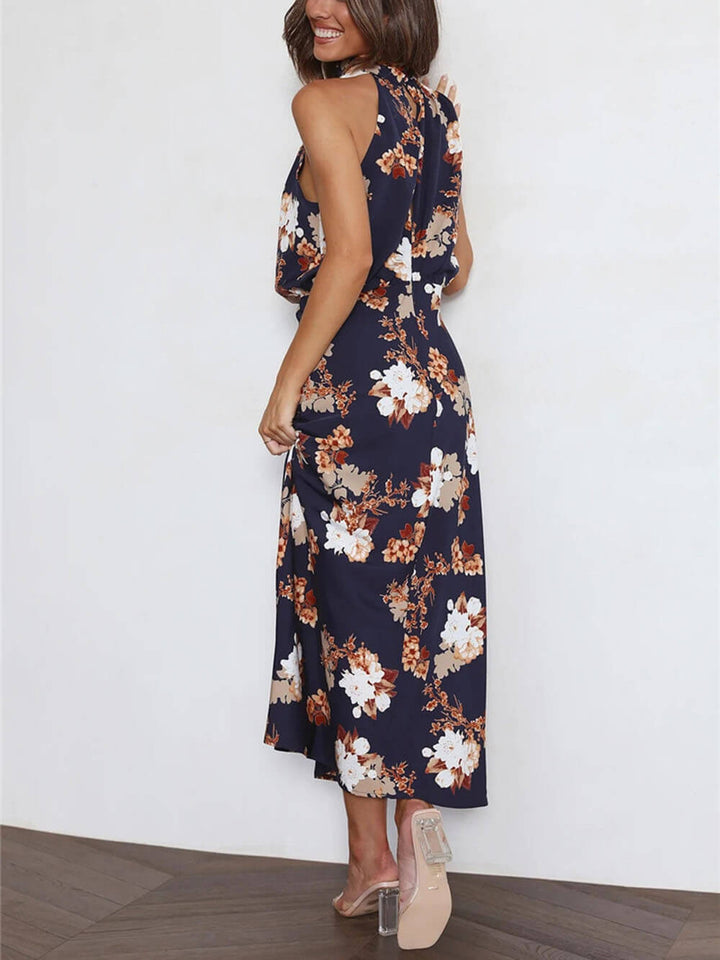 Floral Halter gât talie Elastic Maxi rochie