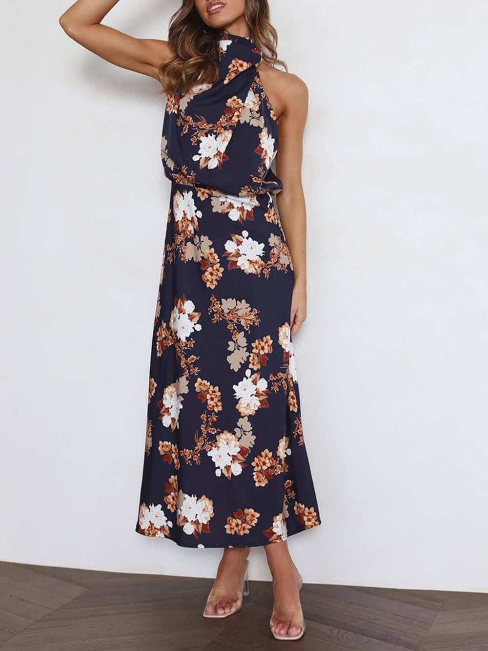 Floral Halter gât talie Elastic Maxi rochie