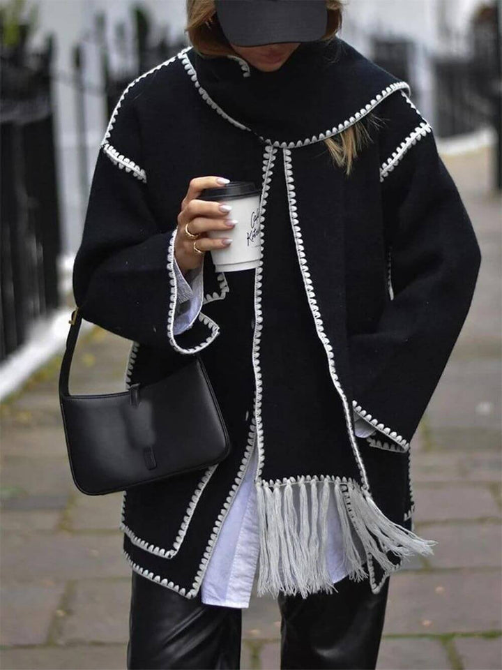 Chaqueta de mezcla drapeada con flecos y pañuelo