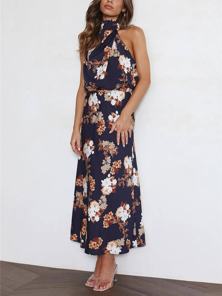 Floral Halter gât talie Elastic Maxi rochie