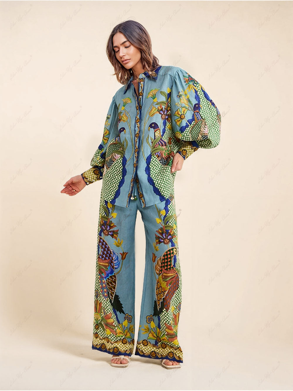 Unique Printed Puff Sleeve Holiday Casual Lanyard Suit (Combinaison décontractée à manches bouffantes)