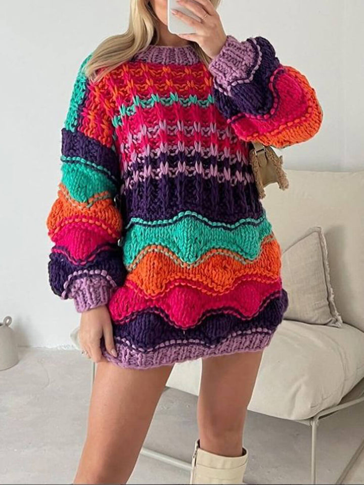 Renkli Dalgalı Örme Jumper Elbise