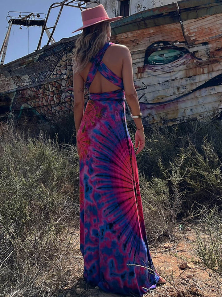 Vestido maxi com decote em V estampado e sem mangas