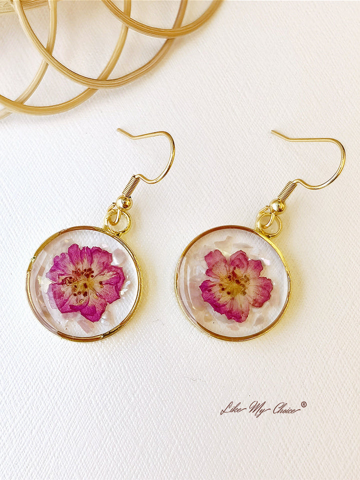 Boucles d'oreilles fleurs pressées - Fleurs d'alouette violettes