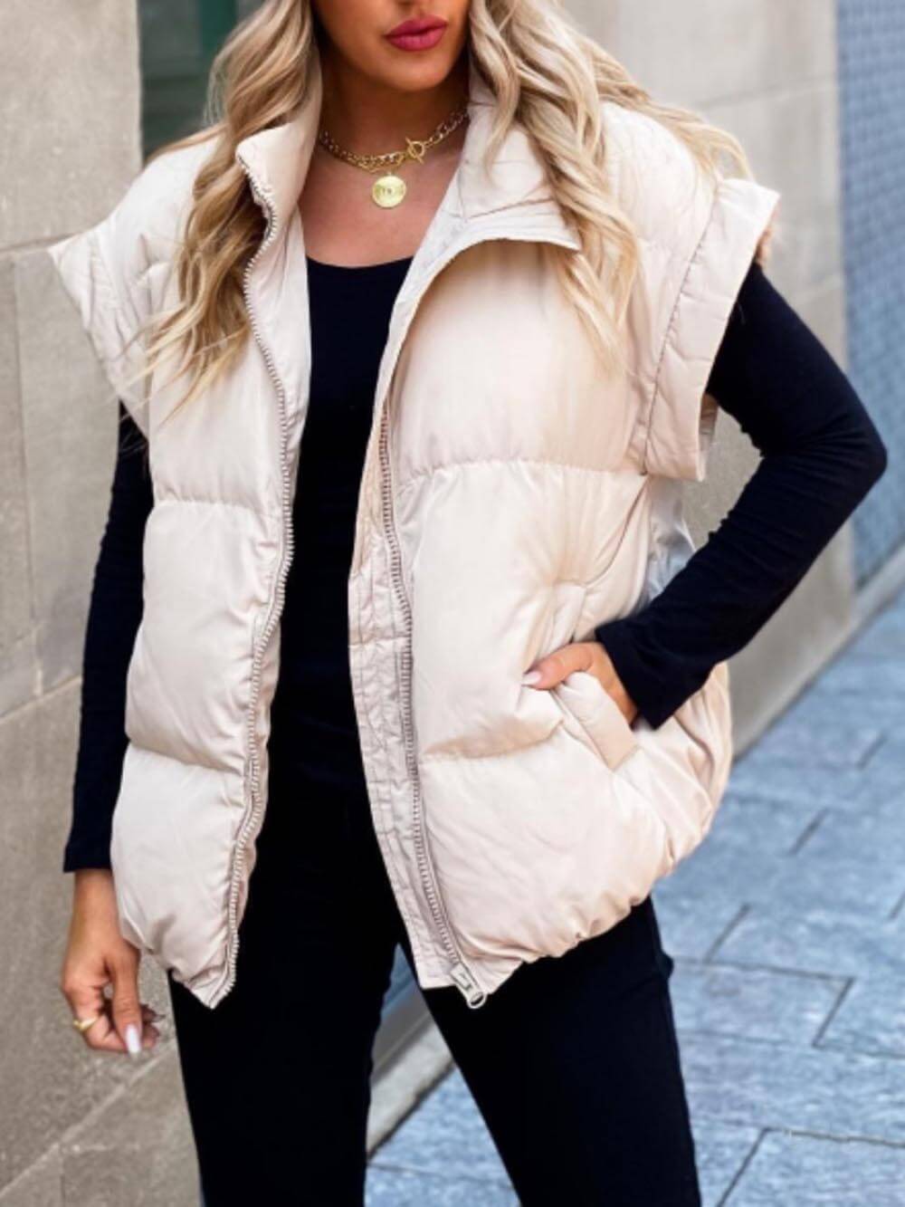 Giacca gilet in cotone con tasca a zip per pendolari, con colletto in piedi alla moda