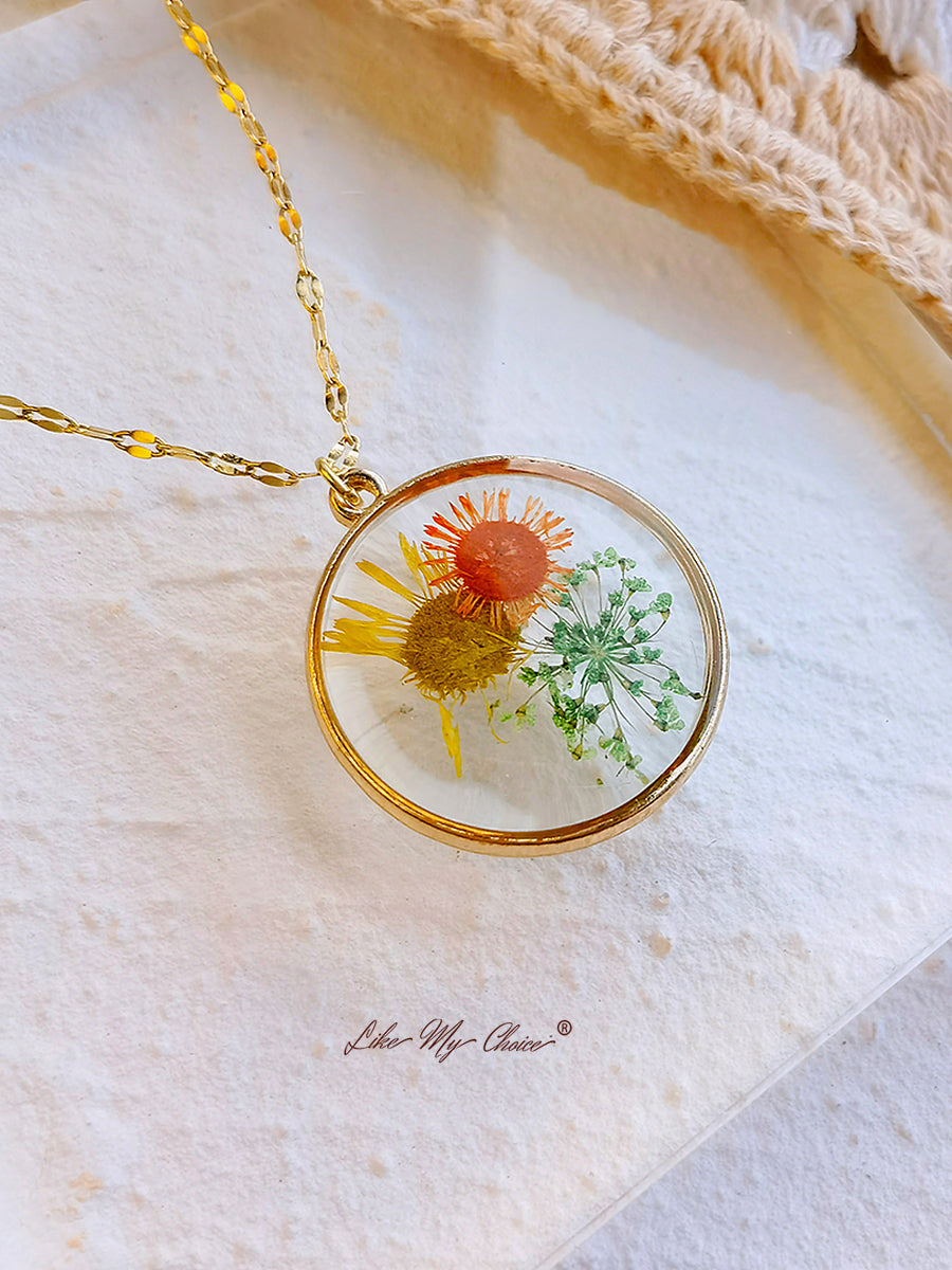 Collier de fleurs pressées - Resin Sunflower Daisy