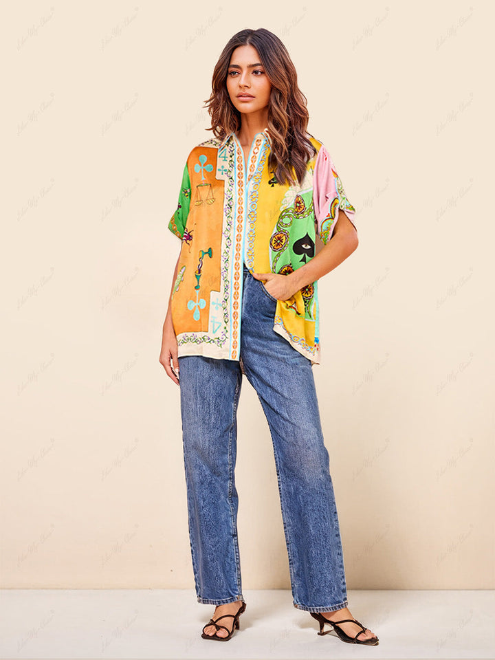 Divertente camicetta estiva con stampa unica button down oversize