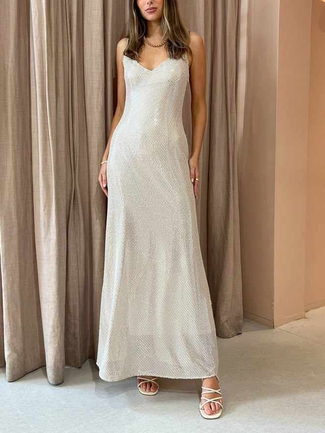 Personalized Fashion Silver Shiny Sexy Off-Shoulder Maxi Dress