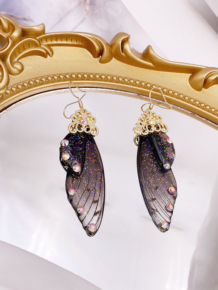 Fluture aripă negru Rhinestone Cicada aripă de cristal cercei