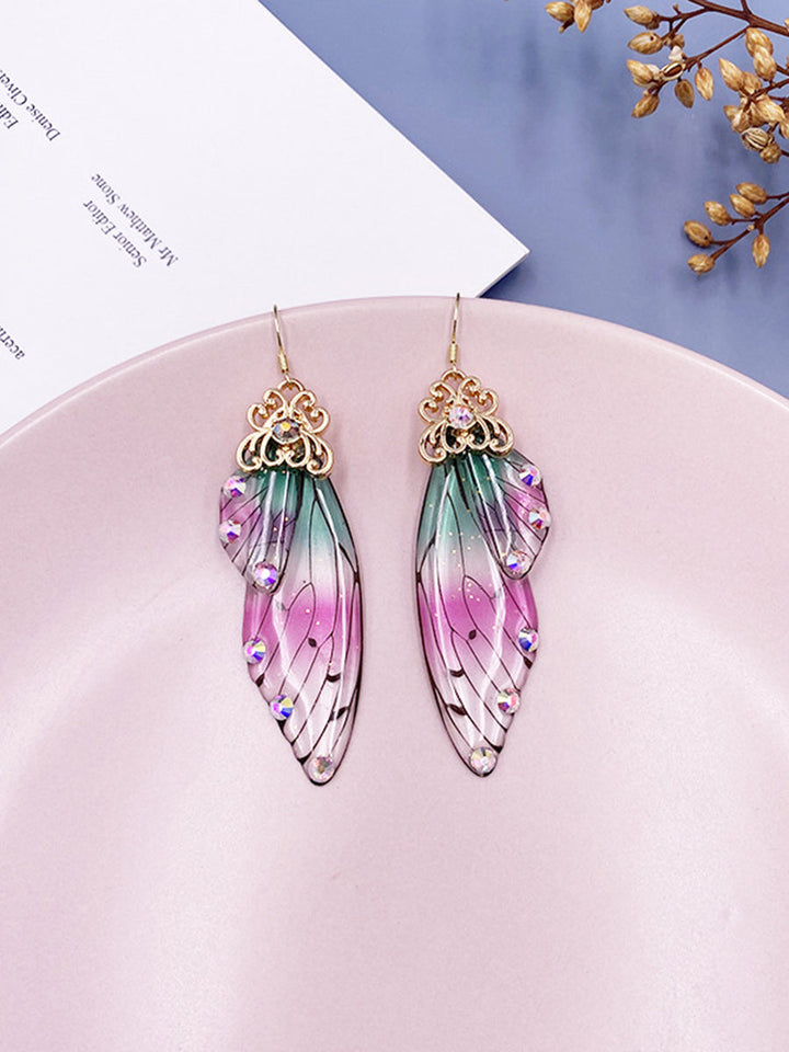 Pendientes de cristal con forma de alas de mariposa iridiscente Rhinestone Cicada Wing