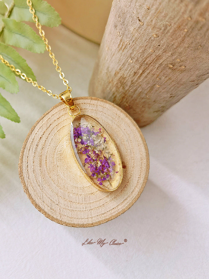 Mini Narcissus Golden Oval Pendant Colier din rășină naturală