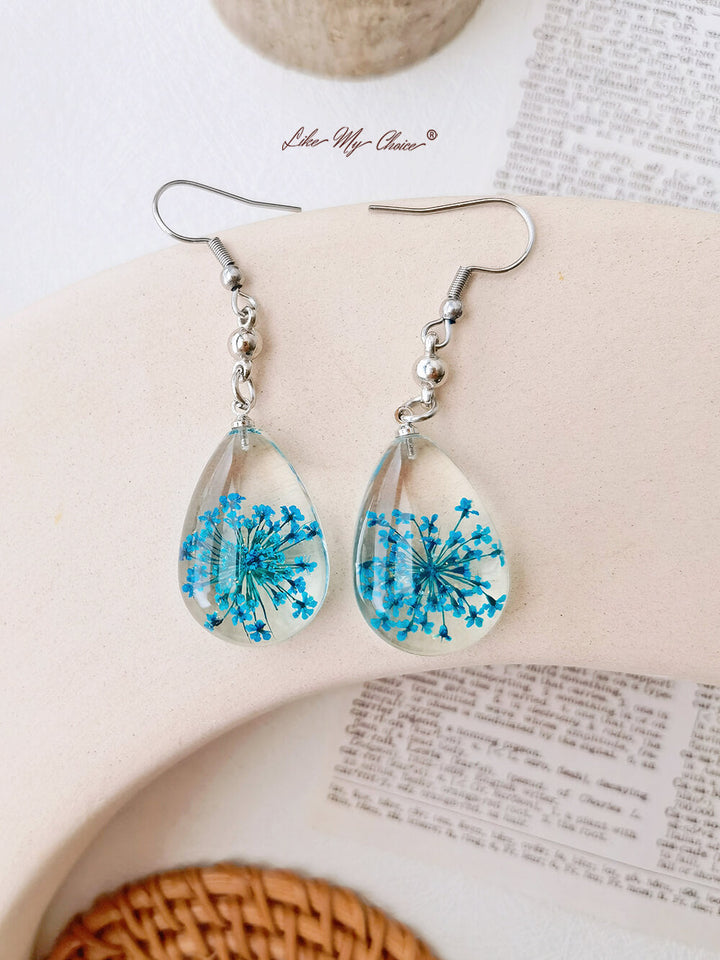 Teardrop Queen Anne Bud Dried Flower Resin Earrings