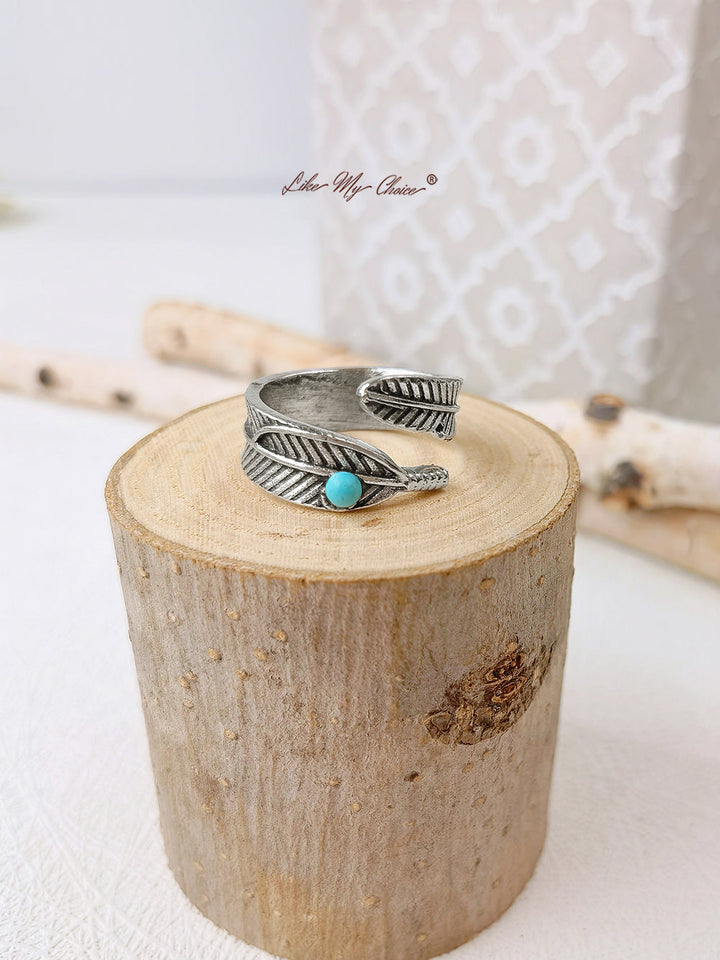 Türkis Band Feder Boho Silber Ring