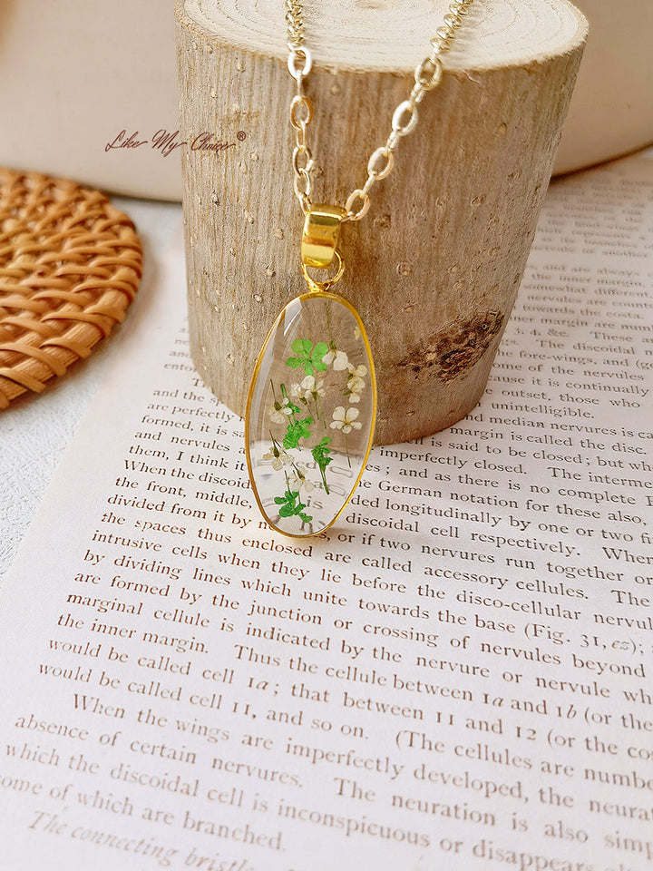 Mini Tulipe pendentif ovale doré Collier résine naturelle