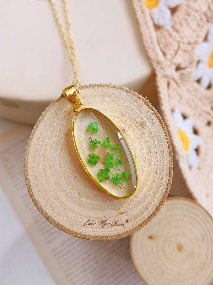 Mini Tulipe pendentif ovale doré Collier résine naturelle