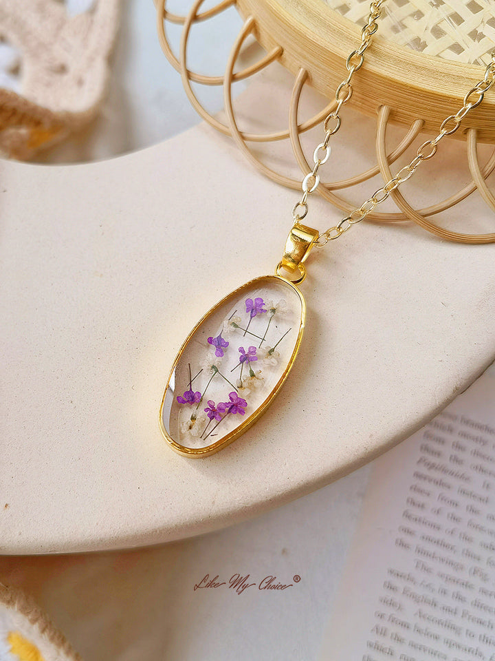 Mini Tulipe pendentif ovale doré Collier résine naturelle