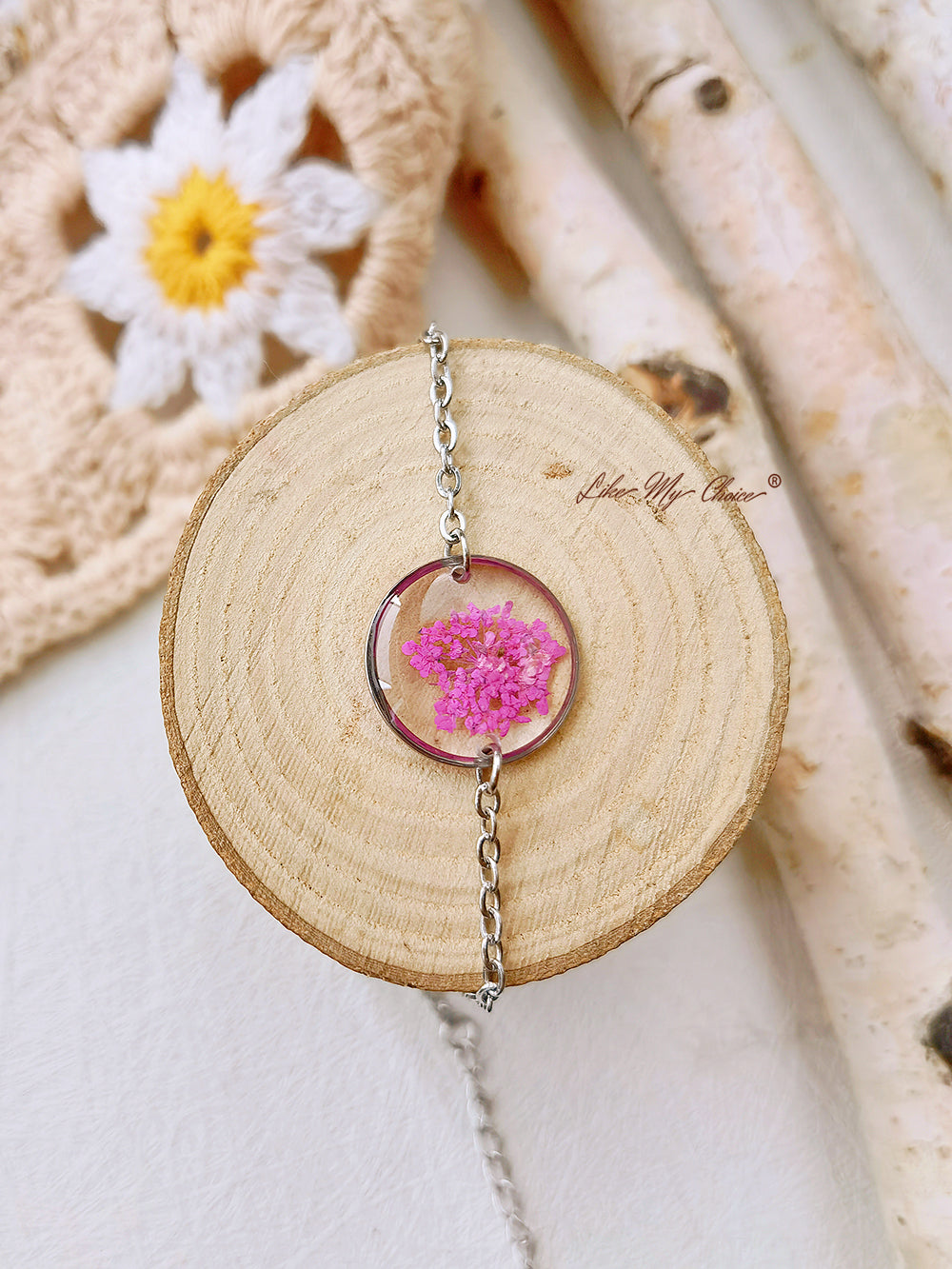 Pink Queen Anne Lace Handmade Pressed Flower Resin Round Bracelet