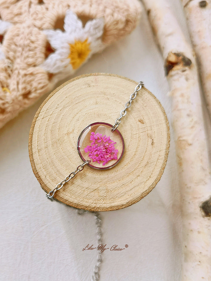 Pink Queen Anne Lace Handmade Pressed Flower Resin Round Bracelet