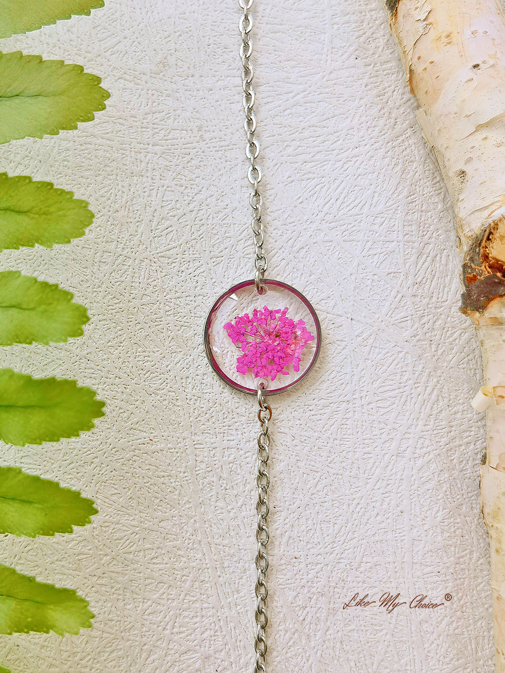 Pink Queen Anne Lace Handmade Pressed Flower Resin Round Bracelet