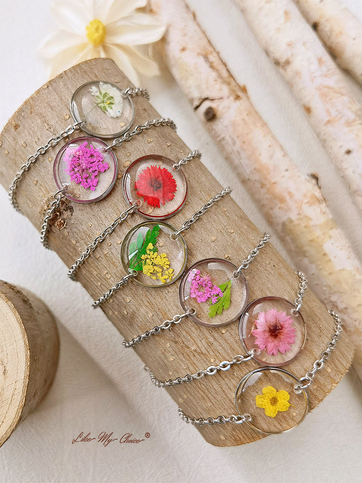 Cosmos Sulphureus Handgjord Pressad Blomma Resin Runt Armband