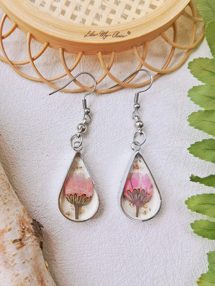 Pink Daisy Gold Foil Drop Earrings