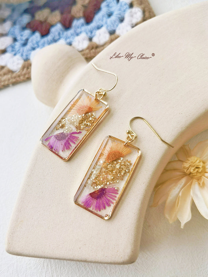 Pendientes de flores secas Daisy Gold Leaf