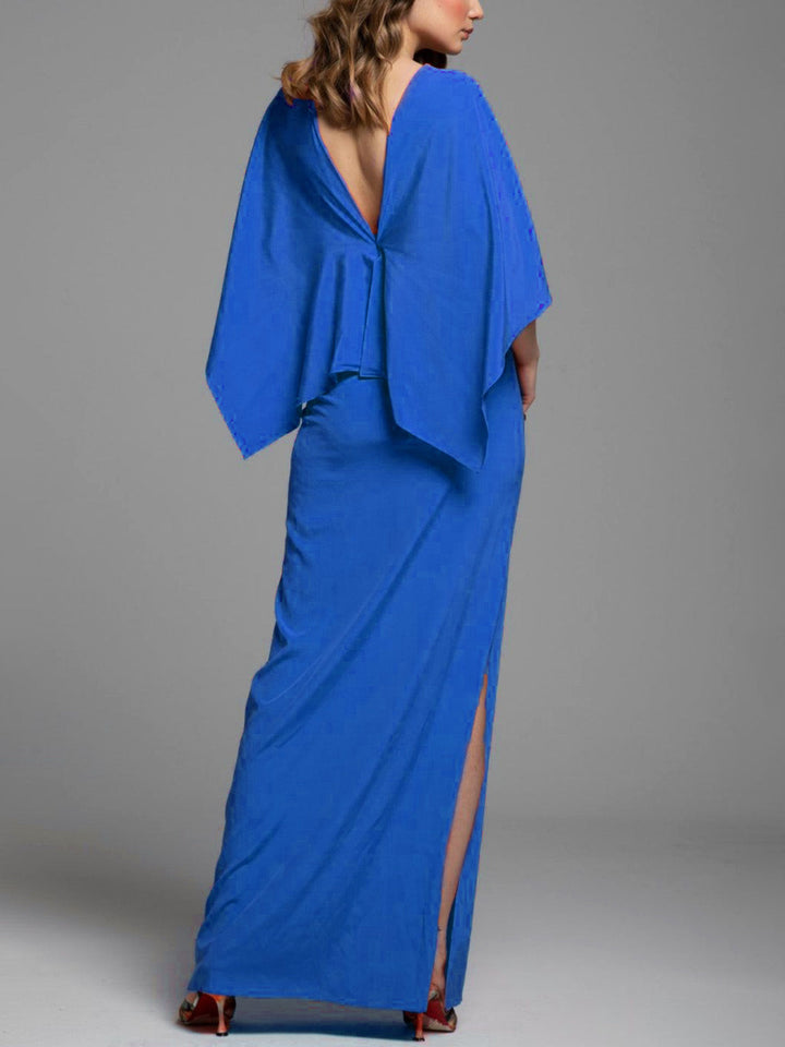 Elegant Satin V-Neck Dropped Shoulder Sleeve Maxi Dress