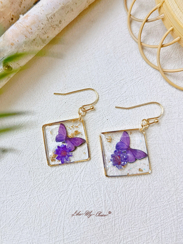 Boucles d'oreilles carrées en fleurs séchées Gypsophila Butterfly