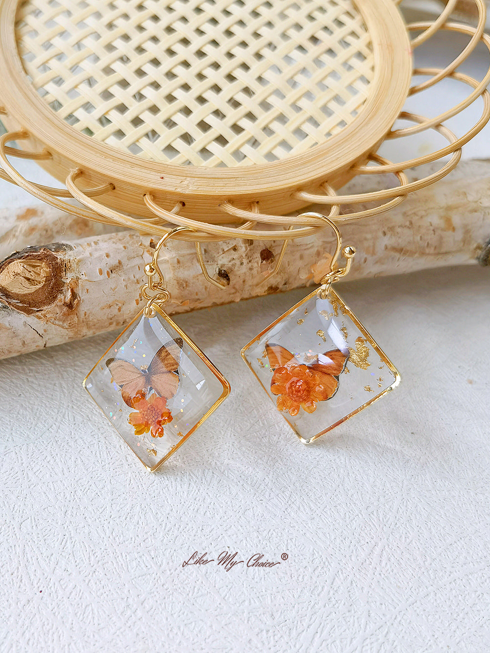 Gypsophila Dried Flower Butterfly Square Earrings