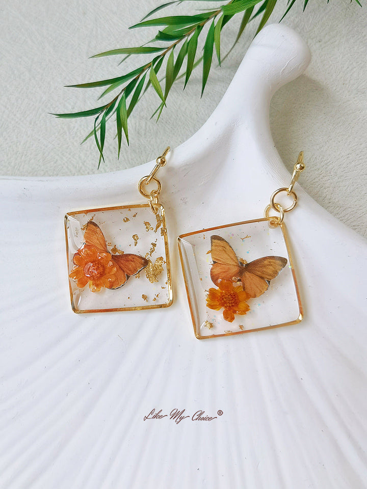 Anting-anting Persegi Kupu-kupu Bunga Kering Gypsophila