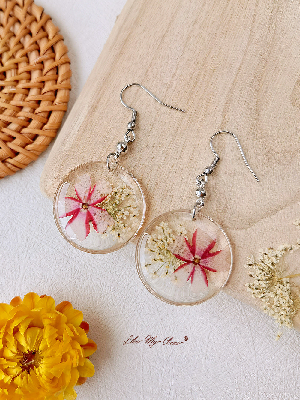 Boucles d'oreilles fleurs pressées ciel étoilé