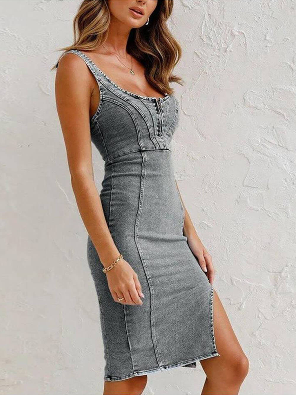 Tämä vuodenaika Staple Denim säädettävät olkaimet Zip-up Firm Stretch Midi Dress