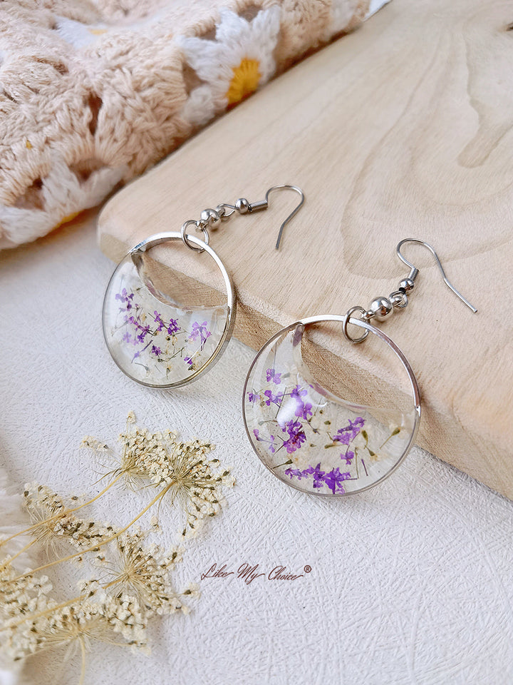 Round Atmospheric Dried Flower Resin Earrings