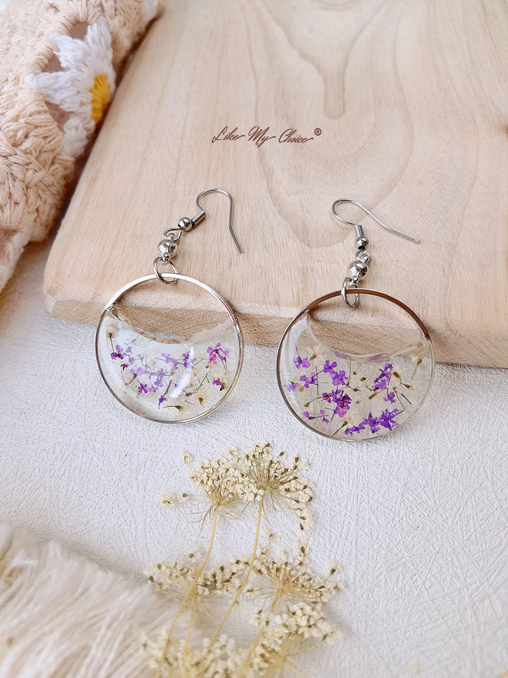 Round Atmospheric Dried Flower Resin Earrings