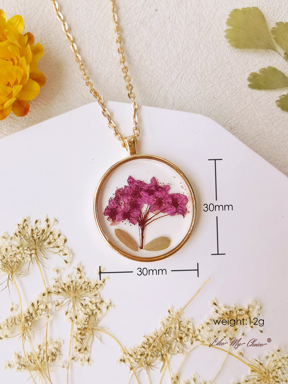 Natural Gypsophila Flower Resin Pressed Flower Botanical Pendant Round Necklace