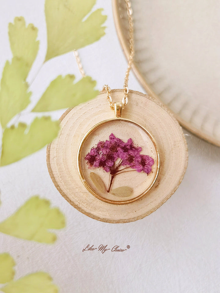 Natural Gypsophila Flower Resin Pressed Flower Botanical Pendant Round Necklace