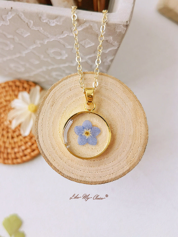 Colar com pingente de flor prensada para memorial Forget Me Not banhado a ouro