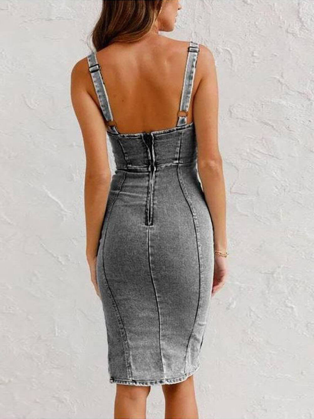 Tämä vuodenaika Staple Denim säädettävät olkaimet Zip-up Firm Stretch Midi Dress